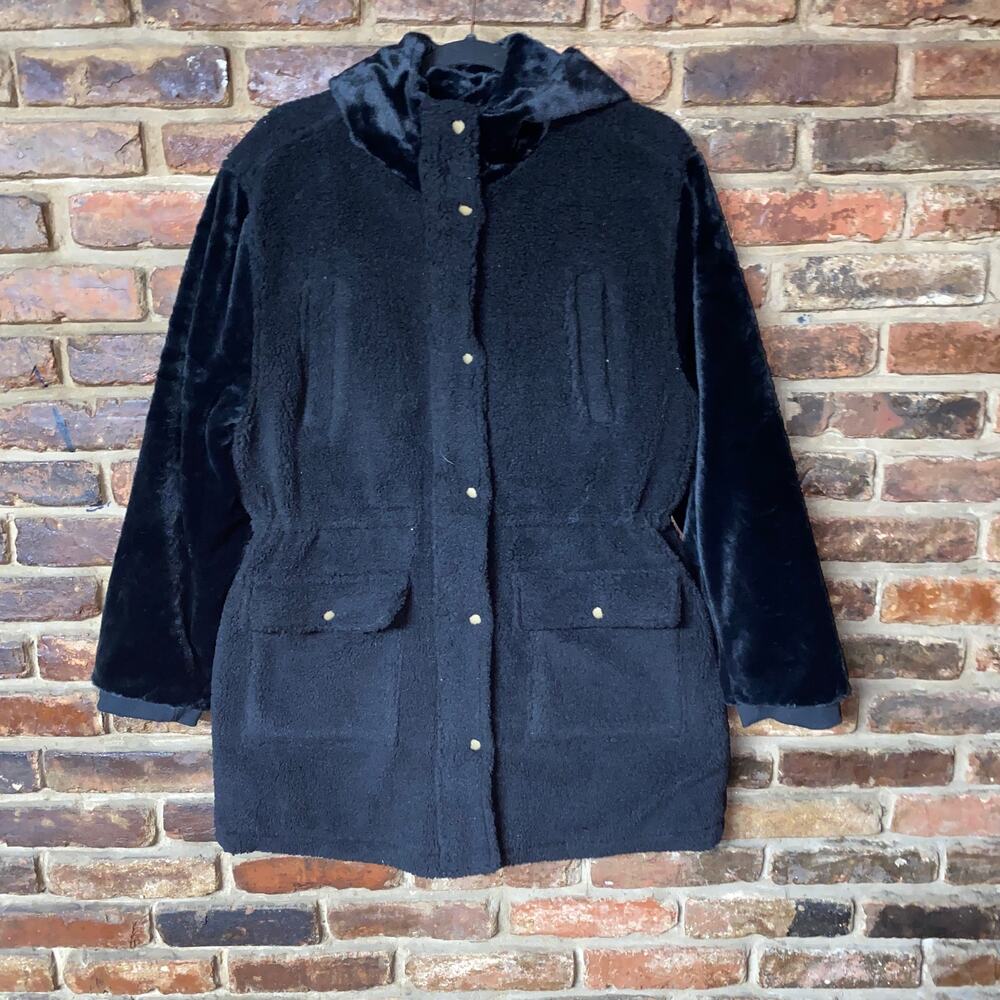 NWOT Eden Society Black Knit Faux Fur Cargo Snap Button Jacket Womens Size Large